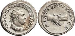 Balbinus (AD 238). AR antoninianus (23mm, 4.894 gm, 12h). Rome, April-July AD 238. IMP CAES D CAEL BALBINVS AVG, radiate, draped and cuirassed bust of Balbinus right / PIETAS MVTVA AVGG, clasped hands