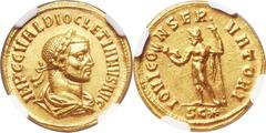 Diocletian (AD 284-305). AV aureus (20mm, 5.20 gm, 6h).  Cyzicus, AD 286-287. IMP C C VAL DIOCLETIANVS AVG, laureate, draped and cuirassed bust of Diocletian right / IOVI CO–NSER–VATORI, Jupiter stand