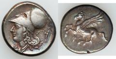 CORINTHIA. Corinth. Ca. 345-307 BC. AR stater (8.53 gm).  Pegasus flying left, koppa below / Head of Athena left wearing Corinthian helmet pushed back on head, Athena standing left holding Victory beh