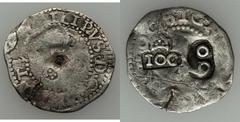 Alfonso VI of Portugal Counterstamp 100 Reis No Date (1663), KM28, host coin is Good, counterstamps are VF. There are two counterstamps. The original host coin is a 50 Reis of Philip II of Spain, then