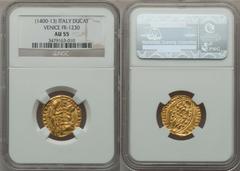 Venice. Michele Steno gold Ducat ND (1400-13), FR-1230, AU55 NGC, one of the earliest collectible Venetian gold coins available.