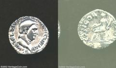 Vitellius, 69 A.D., AR denarius (3.34 g). Bare head right/ Concordia, holding patera, cornucopia, and seated left. RIC 66. About VF/ VF, bold portrait, scarcer type resembling Otho. The die-cutter her