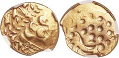 Ancients Celtic BRITAIN. Durotriges. Uninscribed. Ca. 65 BC-AD 45. AV stater (20mm, 6.58 gm, 11h). Struck ca. 60-30 BC. Devolved head of Apollo right / Disjointed horse left; pellets above and below. 