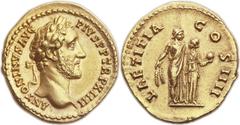 Ancients Roman Imperial Antoninus Pius (AD 138-161). AV aureus (20mm, 7.42 gm, 12h). Rome, AD 150-151. ANTONINVS AVG PIVS P P TR P XIIII, laureate head of Antoninus right / LAETITIA COS IIII, Ceres st