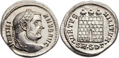 Ancients Roman Imperial Maximian, First Reign (AD 286-305). AR argenteus (19mm, 3.27 gm, 6h).  Serdica, AD 303-305. MAXIMI-ANVS AVG Laureate head of Maximianus right / VIRTVS MILITVM, camp gate with o