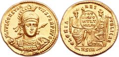 Ancients Roman Imperial Constantius II (AD 337-361). AV solidus (20.5mm, 4.48 gm, 7h).  Sirmium, AD 355-361. FL IVL CONSTAN-TIVS PERP AVG, diademed, helmeted, and cuirassed bust facing, head slightly 