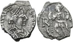 Ancients Roman Imperial Julius Nepos, Western Roman Emperor (AD 475-476). AR half-siliqua (11mm, 0.96 gm, 7h). Ravenna. [D] N IVL NE-POS P F A[VG], diademed, draped, and cuirassed bust right, seen fro