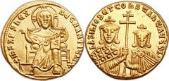 Ancients Byzantine Basil I the Macedonian, with Constantine (AD 867-886). AV solidus (20mm, 4.35 gm, 6h). Constantinople, ca. AD 870-871. + IhS XPS REX REGNANTIVM*, Christ, nimbate, seated facing, wea
