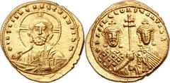 Ancients Byzantine Basil II "the Bulgar-Slayer," with Constantine VIII (AD 976-1025). AV histamenon nomisma (22mm, 4.39 gm, 6h). Constantinople. + IhS XIS REX REGNANTIVM, facing bust of Christ, nimbat