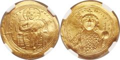 Ancients Byzantine Constantine IX Monomachus (AD 1042-1055). AV histamenon nomisma (28mm, 4.40 gm, 7h). Constantinople. + IhS XIS RЄX RЄGNANTINM, Christ enthroned facing, wearing nimbus, pallium, and 
