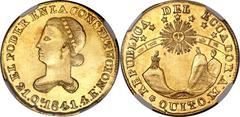 Ecuador Republic gold 4 Escudos 1841-S MV, KM19, AU58 NGC, sharply struck and attractive with nearly full mint luster and just a faint rub on the cheek of Libertad. 1841 was the final date of the 4 Es