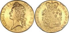 Great Britain George II gold 5 Guineas 1729-E.I.C., S-3664, Young laureate Head, Tertio edge, AU55 NGC, highly lustrous with light hairlines, a few long ancient scratches on the king's face and neck, 