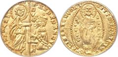 Italy Achaia. Roberto d'Angio Tarente gold Zecchino ND (1346-64), Fr-38a, MS64 PCGS, fully lustrous with sharp design features, this issue is a crude imitation of a Venetian Ducat of Andrea Dandolo.