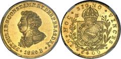 Pedro I gold 6400 Reis 1825-B, KM370.2, Russo-606, MS62 NGC. Sharp strike especially for the mint in Bahia. Planchet is wide and rims are perfect. Tiny marks by "DEF" on the obverse preventing an ever