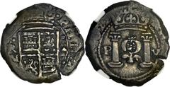 Cartagena. Felipe III 1622 (1625) 1/2 Real, KM-unlisted, Restrepo M15 ("1 known", this coin). VF30 NGC. Obverse: shield of Castles and Lions, "R" over "N" (for NUEVO REINO) to the left, and assayer in