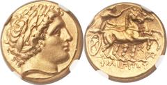 MACEDONIAN KINGDOM. Philip II (359-336 BC). AV stater (18mm, 8.56 gm, 10h).  Posthumous issue of Abydus, under Philip III Arrhidaeus, 323-317 BC. Laureate head of Apollo right / Charioteer driving big