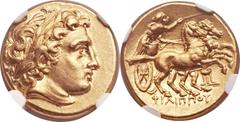 MACEDONIAN KINGDOM. Philip III Arrhidaeus (323-317 BC). AV stater (19mm, 8.55 gm, 1h).  Colophon, ca. 322-319 BC. Laureate head of Apollo to right, with the features of Alexander III the Great / Chari
