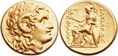 THRACIAN KINGDOM. Lysimachus (323-281 BC). AV stater (18mm, 8.52 gm, 12h). Uncertain mint in Asia Minor, 307-281 BC. Diademed head of the deified Alexander III right, with horn of Ammon / Athena enthr