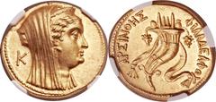 PTOLEMAIC EGYPT. Ptolemy VI - VIII (180–117 BC). AV mnaieion (28mm, 27.86 gm, 12h).  Alexandria, ca. 170-116 BC. Veiled head of the deified Arsinoë II with ram's horn, wearing diademed stephane, lotus