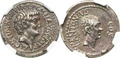 Marc Antony as Triumvir (43-31 BC), with Lucius Antony. AR denarius (21mm, 3.69 gm, 1h).  Military mint in Greece or Asia Minor, 41 BC, moneyer L. Cocceius Nerva. M • ANT • IMP • AVG • III • VIR • R •