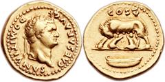 Domitian as Caesar (AD 69-81). AV aureus (21mm, 7.09 gm, 6h). Rome under Vespasian, AD 77-78. DOMITIANVS CAESAR AVG F, laureate head of Domitian right / COS V, she-wolf left, sucking infants Romulus a