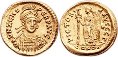 Zeno, Eastern Roman Emperor, (AD 474-491). AV solidus (20mm, 4.44 gm, 6h). Constantinople (or Western mint?), second reign, AD 476-491. D N ZENO PERP AVG, pearl-diademed, helmeted, and cuirassed bust 