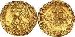 Philip & Mary (1554-58) gold Angel ND, S-2496A, North-1965 (very rare), Schneider-726, Lis mm, AU58 NGC, a choice coin having residual luster and lovely reddish gold toning, each die just slightly off