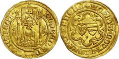 Utrecht-Bishopric. Floris van Wevelinghoven (1379-93) gold Florin ND, Deventer mint, Fr-175, AU55 NGC. FLORЄn : ЄP | C : TRΛIЄCT', half bust of bishop facing, bearing scepter, beneath a gothic dais; t