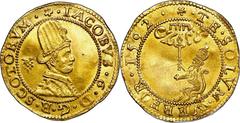 James VI gold 80-Shillings 1592, S-5457, MS62 NGC. 6th Coinage, gold issue. Known as the "Hat Piece" from its design showing King James facing to right wearing a tall, presumably fine-fur hat, this 22