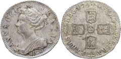Anne Sixpence 1703-VIGO, S-3590, Pre-Union issue, AU55 NGC. Light even wear, pleasing surfaces, and some bright iridescent blue toning over an ancient gray base all combine to make for a fine example 