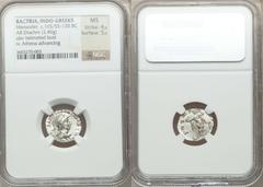 INDO-GREEK KINGDOMS. Menander I Soter (ca. 155-130 BC). AR Indic drachm (2.46 gm).  Diademed and draped bust of Menander right, wearing broad-brimmed, crested helmet with bull's horn and ear / Athena 