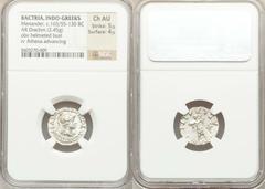 INDO-GREEK KINGDOMS. Menander I Soter (ca. 155-130 BC). AR Indic drachm (2.45 gm).  Diademed and draped bust of Menander right, wearing broad-brimmed, crested helmet with bull's horn and ear / Athena 