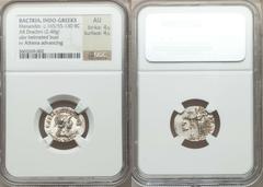 INDO-GREEK KINGDOMS. Menander I Soter (ca. 155-130 BC). AR Indic drachm (2.48 gm).  Diademed and draped bust of Menander right, wearing broad-brimmed, crested helmet with bull's horn and ear / Athena 