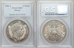 Saxony. Albert 5 Mark 1902-E, KM1256, MS67 PCGS. Struck upon the king's death. An incredible example with satiny gray toning. An impeccable coin of museum quality.