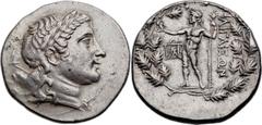 AEOLIS. Aegae. Ca. 160-150 BC. AR tetradrachm (31mm, 16.76 gm, 11h). Laureate head of Apollo right, quiver and tip of bow ending in swan's head over shoulder / ΑΙΓΑΙΕΩΝ, Zeus standing left, holding ve