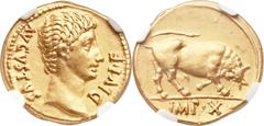 Augustus (27 BC-AD 14). AV aureus (20mm, 7.89 gm, 7h). Lugdunum, 15 BC. ΛVGVSTVS DIVI • F, bare head of Augustus right / Bull charging right right, head lowered, left foreleg raised, lashing his tail,