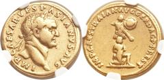 Divus Vespasian (died AD 79), restored by Trajan (AD 98-117). AV aureus (19mm, 7.13 gm, 7h). Rome, ca. AD 107. IMP CAESAR VESPASIANVS AVG, laureate head right / IMP CAES TRAIAN AVG GER DAC P P REST, J