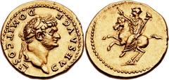 Domitian, as Caesar (AD 69-81). AV aureus (21mm, 7.26 gm, 6h).  Rome, under Vespasian, AD 73. CAES AVG F DOMIT COS II, laureate head of Domitian right / No legend, Domitian on horse rearing left; he r