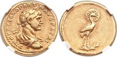 Divus Trajan (died AD 117). AV aureus (19mm, 7.05 gm, 6h). Rome, under Hadrian, AD 117-118. DIVO TRAIANO PART H • AVG PATRI, laureate, draped  and cuirassed bust of Trajan right / No legend, Phoenix s
