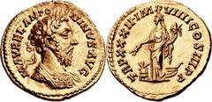 Marcus Aurelius (AD 161-180). AV aureus (21mm, 7.29 gm, 6h).  Rome, AD 177-178. M • AVREL • ANTO-NINVS • AVG, laureate and cuirassed bust of Marcus Aurelius right, seen from front, drapery on far shou