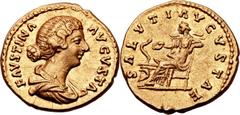 Faustina Junior, wife of Marcus Aurelius (died AD 175/6). AV aureus (20mm, 7.28 gm, 6h).  Rome, AD 161-176. FAVSTINA AVGVSTA, draped bust of Faustina right, hair in bun at nape of neck and done up in 