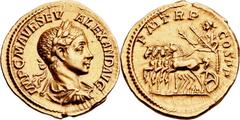 Severus Alexander (AD 222-235). AV aureus (21mm, 6.27 gm, 6h).  Rome, AD 222. IMP C M AVR SEV ALEXAND AVG, youthful laureate, draped and cuirassed bust of Alexander right / P M TR P COS PP, Alexander 