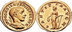 Gordian III (AD 238-244). AV aureus (20mm, 4.83 gm, 6h).  Rome, AD 241-243. IMP GORDIANVS PIVS FEL AVG, laureate, draped and cuirassed bust of Gordian right / LAETIT-IA AVG N, Laetitia standing facing