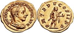 Gordian III (AD 238-244). AV aureus (19mm, 5.05 gm, 6h).  Rome, AD 241-243. IMP GORDIANVS PIVS FEL AVG, laureate, draped and cuirassed bust of Gordian right / P M TR P V COS II P P, Gordian advancing 