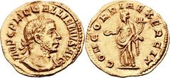 Gallienus (AD 253-268). AV aureus (17mm, 2.78 gm, 6h).  Rome, AD 253. IMP C P LIC GALLIENVS AVG, laureate and draped bust of Gallienus right / CONCORDIA EXERCIT, Concordia standing left, holding pater