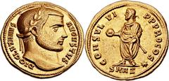 Diocletian (AD 284-305). AV aureus (19mm, 5.36 gm, 5h).  Antioch, AD 296-297. DIOCLETIANVS AVGVSTVS, laureate head of Diocletian right / CONSVL VI P P PROCOS *, Diocletian, togate and laureate, standi
