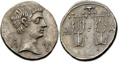 LYCIAN LEAGUE. Augustus (27 BC-AD 14). AR Drachm (20mm, 3.56 gm, 12h).  Masicytus, 27-18 BC. Bare head of Augustus right; Λ-Y across field / Two lyres side by side, plectrum above; M-A across field. T