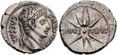 Augustus (27 BC - AD 14). AR denarius (20mm, 3.95 gm, 6h). Spain, Caesaraugusta(?), 19-18 BC. CAESAR AVGVSTVS, head of Augustus right wearing oak wreath / DIVVS IVLIVS, eight-rayed comet with tail upw