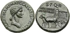 Agrippina Senior, mother of Caligula (died AD 33). Orichalcum sestertius (34mm, 32.06 gm, 6h). Rome mint. AGRIPPINA M F MAT C CAESARIS AVGVSTI, draped bust right / SPQR/MEMORIAE AGRIPPINA, carpentum d
