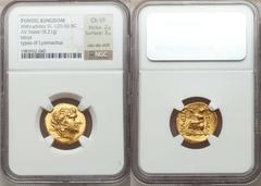 PONTIC KINGDOM. Mithradates VI Eupator (120-63 BC). AV stater (8.21 gm). Istrus, in the name and type of Lysimachus of Thrace, 88-86 BC. Diademed head of the deified Alexander the Great right, wearing